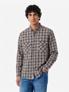 LACOSTE Men's Modern Fit Long Sleeve Check Shirt - Yellow/ Blue Sz XL US | 44 EU